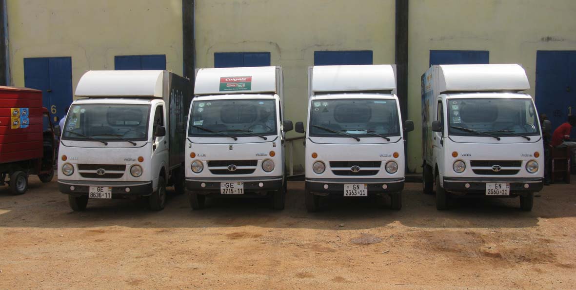 Octopus Ventures delivery vans lined up outside the warehouse in Sierra Leone